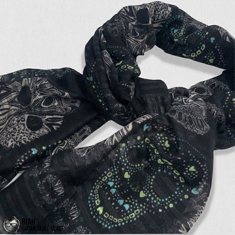 LIGHTWEIGHT GAUZY SUGAR SKULL PRINT SCARF WRAP SHAWL IN BLACK HALLOWEEN MUERTOS - Picture 4 of 12